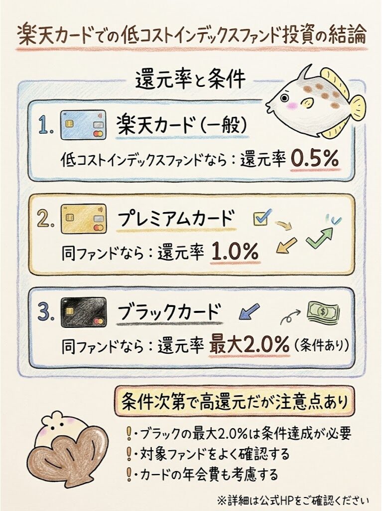 【結論】楽天証券のクレカ積立は「条件次第で高還元だが注意点あり」