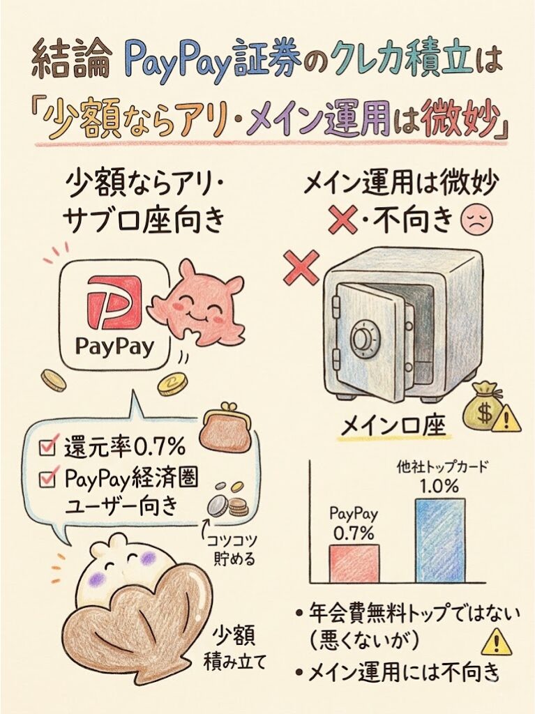 【結論】PayPay証券のクレカ積立は「少額ならアリ・メイン運用は微妙」