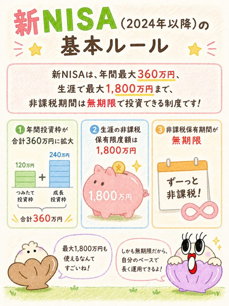 新NISA（2024年以降）の基本ルール｜年360万・生涯1,800万・期限なし