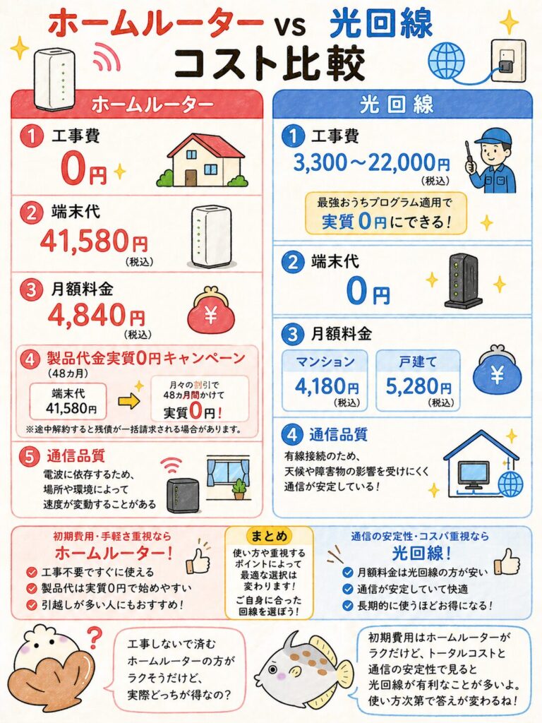 【比較】ホームルーターと光回線の工事費・コスト比較