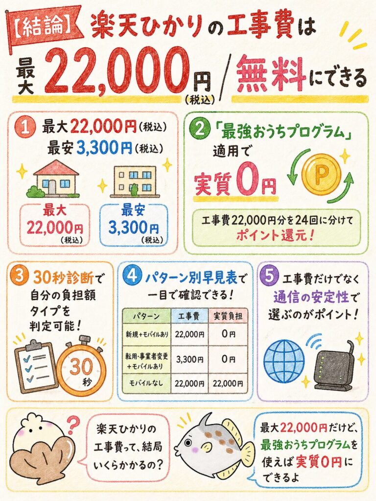 【結論】楽天ひかりの工事費は最大22,000円|無料にする方法あり