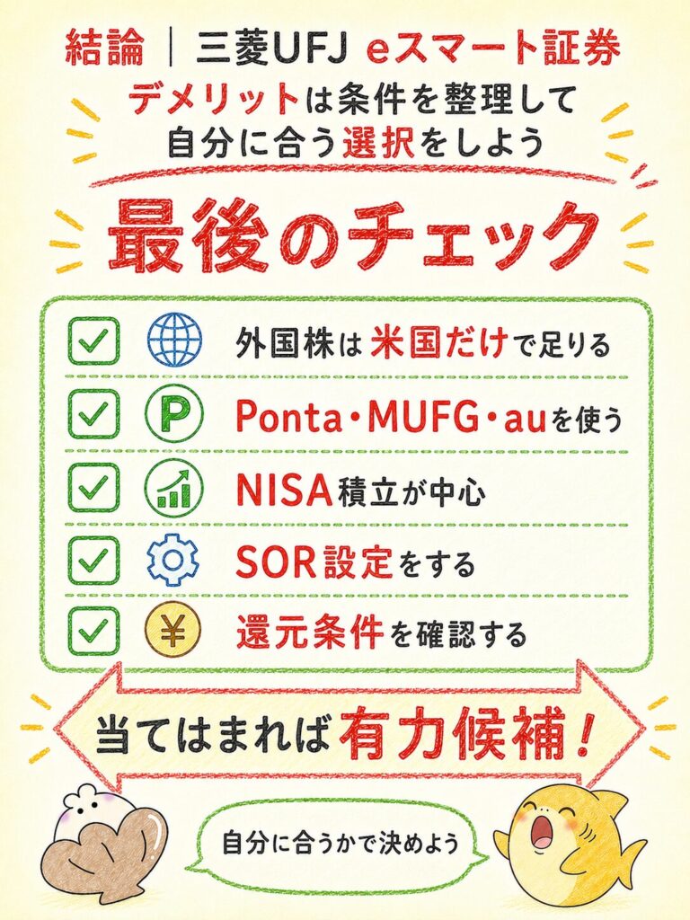 結論｜三菱UFJ eスマート証券 デメリットは条件を整理して自分に合う選択をしよう