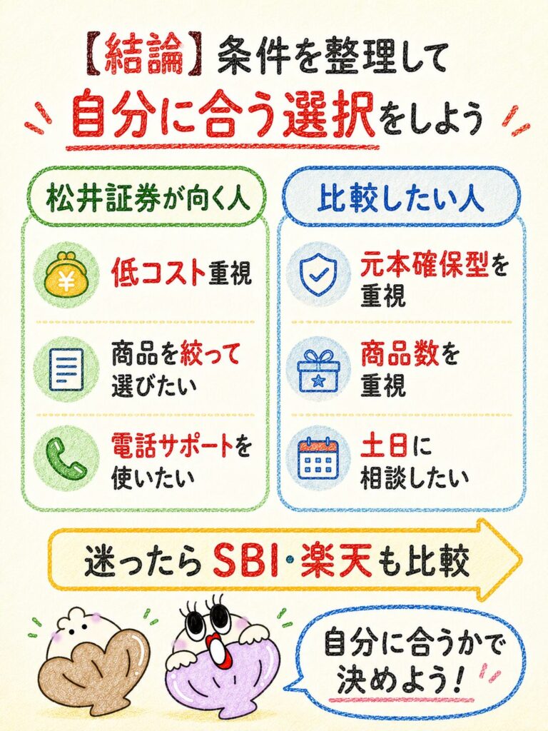 結論｜松井証券 iDeCo 評判は条件を整理して自分に合う選択をしよう