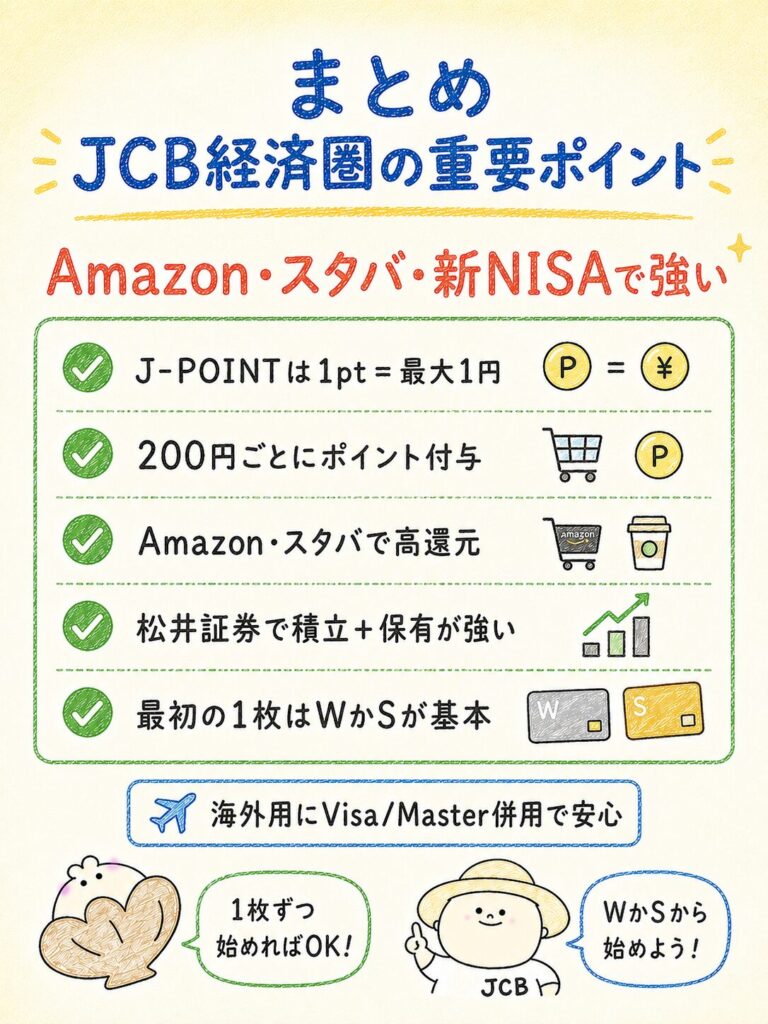 まとめ|JCB経済圏はAmazon・スタバ・新NISAを組み合わせると強い