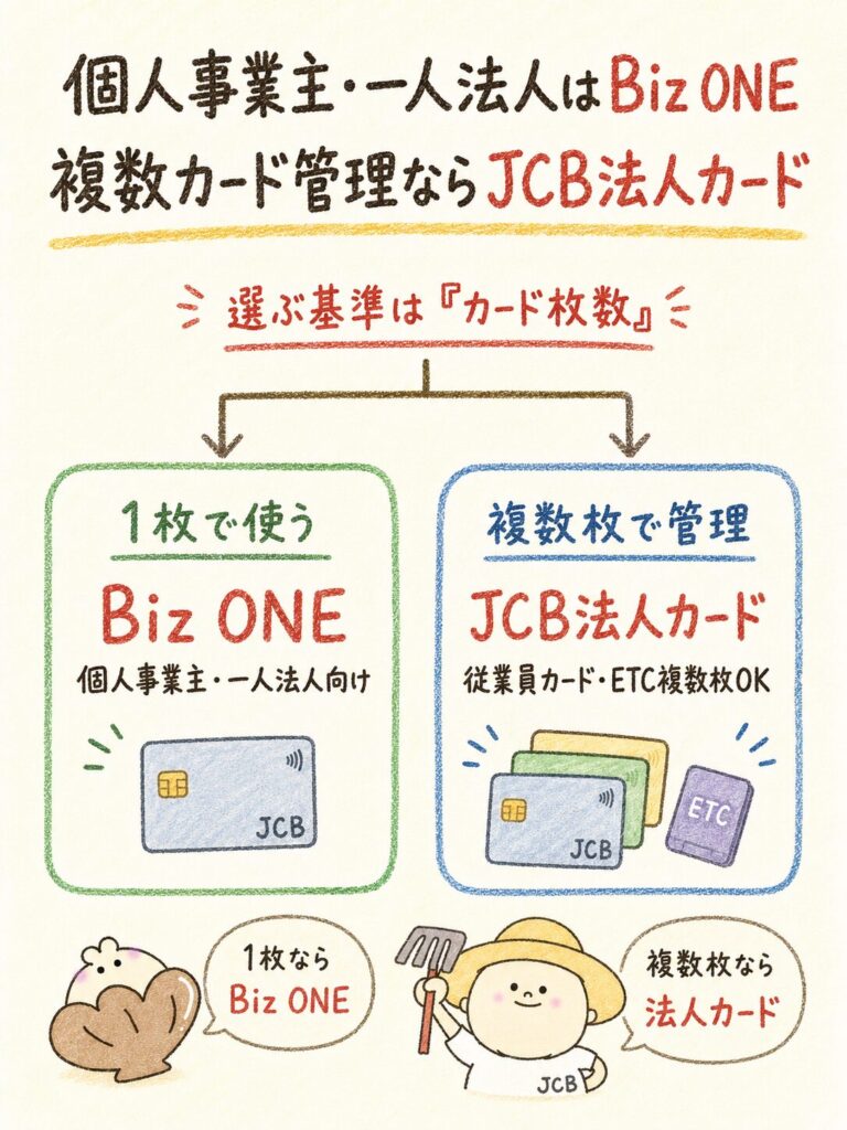 【結論】個人事業主・一人法人はBiz ONE、複数カード管理ならJCB法人カードを検討