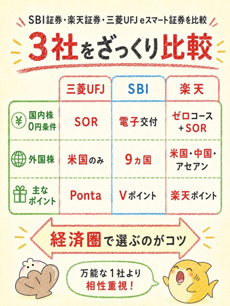 SBI証券・楽天証券・三菱UFJ eスマート証券を比較